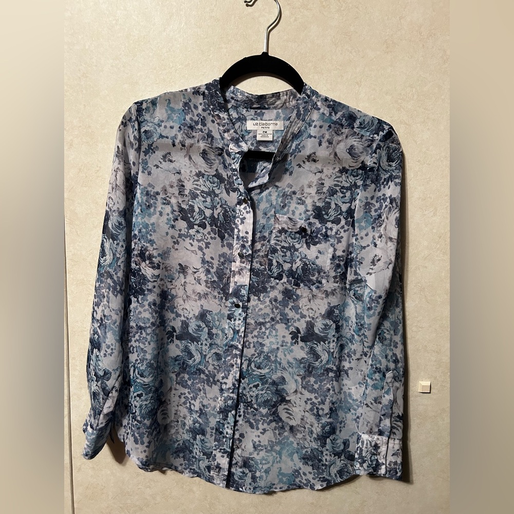 EUC Liz Claiborne PM Floral sheer blue blouse